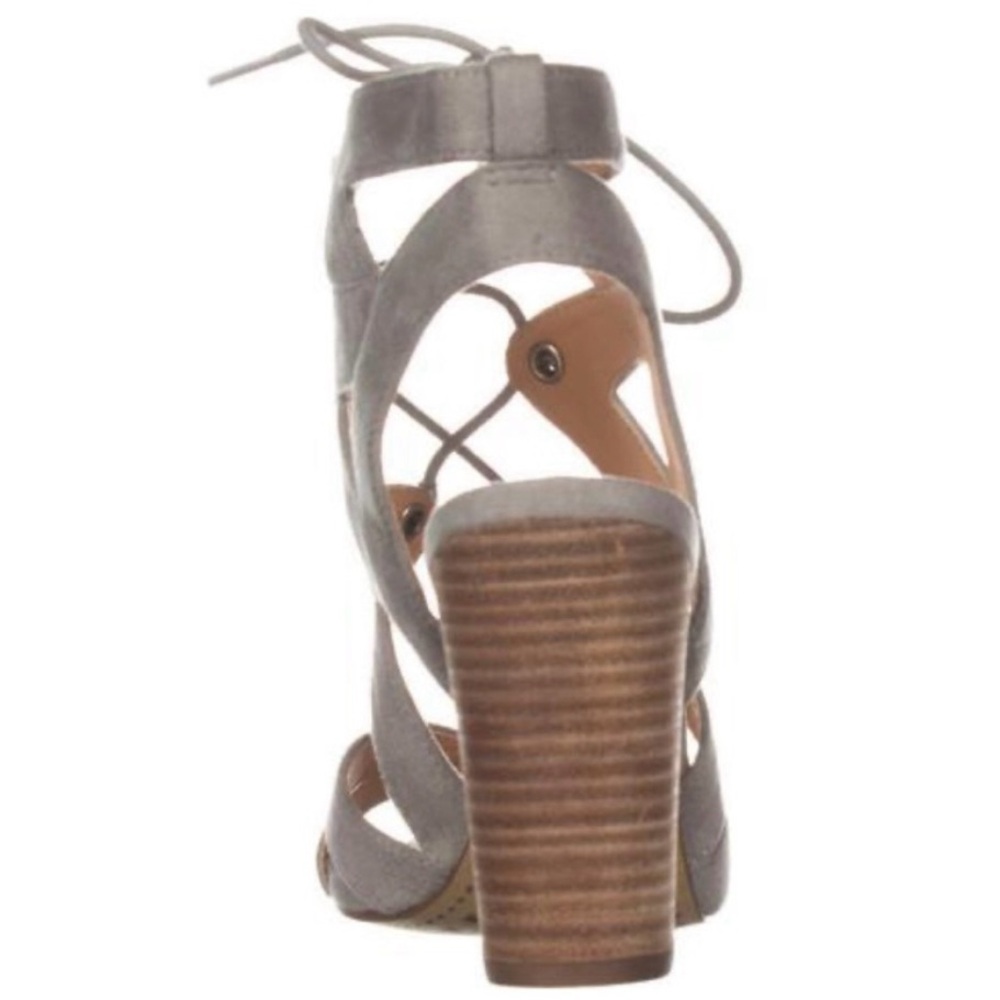 XOXO Barnie Open Toe Block Heel Cutout Lace Up Heeled Strap Sandals Gray Wood - Picture 4 of 4